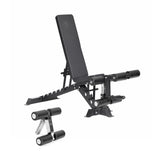 The Bells of Steel Buzz-Saw Heavy-Duty Adjustable Bench features a black padded vinyl seat and backrest, plus leg extension and curl attachments for added stability and durability during strength training.