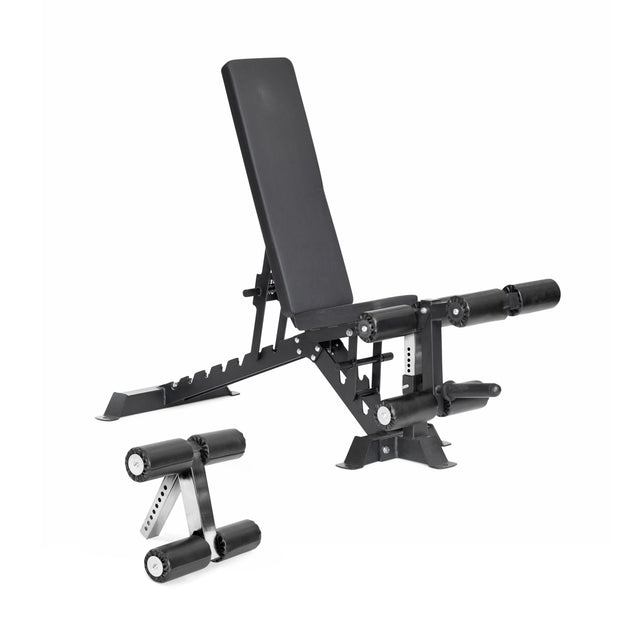 The Bells of Steel Buzz-Saw Heavy-Duty Adjustable Bench features a black padded vinyl seat and backrest, plus leg extension and curl attachments for added stability and durability during strength training.