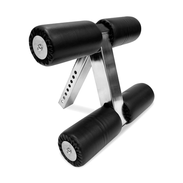 The Bells of Steel Buzz-Saw Heavy-Duty Adjustable Bench features an exercise equipment part with four black foam rollers and a metal frame with multiple height adjustment holes, offering stable leg or foot support during workouts.