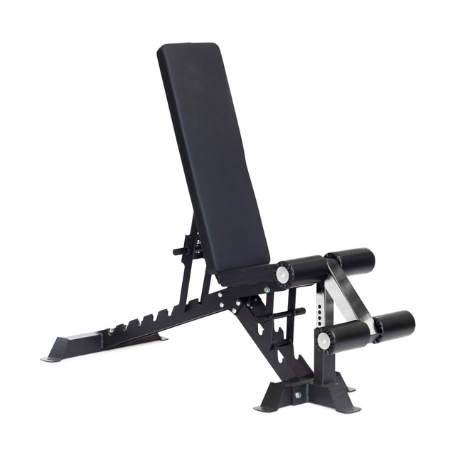 The Bells of Steel Buzz-Saw Heavy-Duty Adjustable Bench features a black premium vinyl padded backrest set at an incline and leg rollers, ideal for various strength training exercises.
