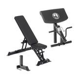 The Bells of Steel Buzz-Saw Heavy-Duty Adjustable Bench features a premium vinyl cushioned seat and backrest, a black preacher curl pad with handles, and a small black metal wall mount bracket, displayed on a white background.