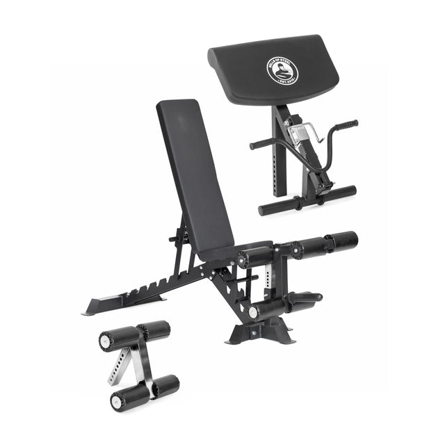 The Bells of Steel Buzz-Saw Heavy-Duty Adjustable Bench features a premium vinyl padded backrest, leg extension attachment, preacher curl pad, and handlebar, shown on a white background.