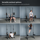 Four images show two people using the Bells of Steel Manticore Squat Stand - Prebuilt (3" x 3", 1" Holes) for bench press, deadlift, squat, and pull-up exercises. The top caption reads: “Versatile workout options. Attachments for the Manticore Squat Stand unlock even more training possibilities—perfect for any home gym or squat stand setup.”.