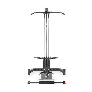 The Bells of Steel Lat Pulldown & Low Row Rack Attachment for Hydra & Manticore features a top pull-down bar, adjustable weight stack in the center, and padded leg supports at the base for secure anchoring during workouts.