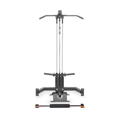 The Bells of Steel Lat Pulldown & Low Row Rack Attachment for Hydra & Manticore features a top pull-down bar, adjustable weight stack in the center, and padded leg supports at the base for secure anchoring during workouts.