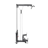 Side view of the Bells of Steel Lat Pulldown & Low Row Rack Attachment - Hydra & Manticore, featuring a high pulley, weight stack, cables, Lat Pulldown Attachment, and seated row footplate for versatile strength training.