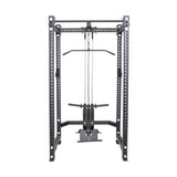 The Bells of Steel Lat Pulldown & Low Row Rack Attachment for Hydra & Manticore racks features a cable pulley system, adjustable holes, pull-up bar, weight stack, various grips, and is compatible with Olympic Weight Plates for strength training.
