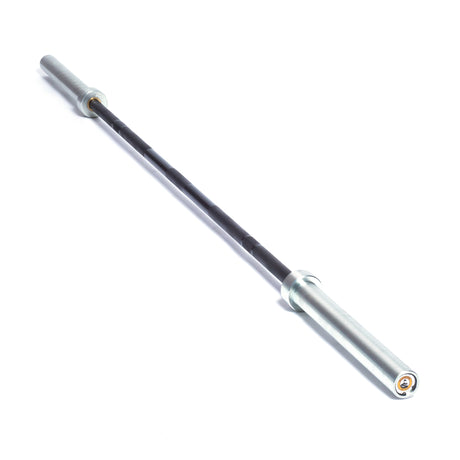 The Bells of Steel Multi-Purpose Olympic Barbell, ideal for weightlifting or powerlifting, is silver-colored and has dual sections for weight plates. Its knurled center offers a solid grip. The barbell is shown on a white background, angled diagonally from top left to bottom right.