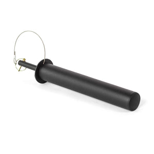 The Bells of Steel Utility Horn Rack Attachment is a black, powder-coated metal object with a cylindrical shape, round base resembling Olympic weight plates, and a looped wire handle on one end, displayed against a white background.
