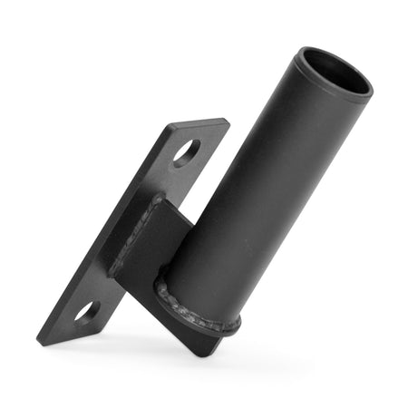 The Bells of Steel Vertical Mount Barbell Holder Rack Attachment features a black metal, upward-angled cylindrical tube welded to a rectangular base with two screw holes for easy power rack organization.