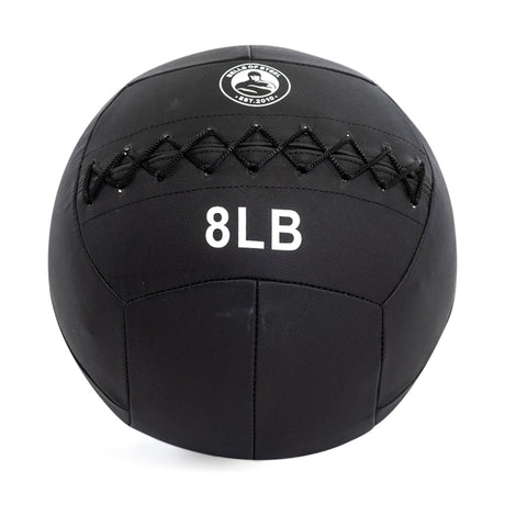 The black 8-pound Triple Stitched Medicine Ball by Bells of Steel features a durable Kevlar outer shell, a visible logo on top, and distinct cross-pattern stitching.