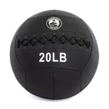 The Bells of Steel Triple Stitched Medicine Ball is black with a top logo and "20 LB" marking, featuring reinforced zigzag stitching and a durable Kevlar outer shell, perfect for your workout needs.