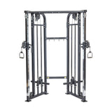 The Bells of Steel Functional Trainer is a freestanding cable crossover machine with adjustable handles, weight stacks, and a metal frame. It includes a central pull-up bar and multiple attachment points, ideal for various exercises in a comprehensive strength training routine.