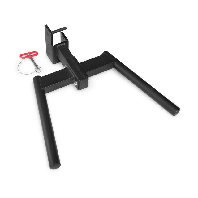 Black metal Y Dip Bar Rack Attachment for a power rack, featuring a removable pull-pin.