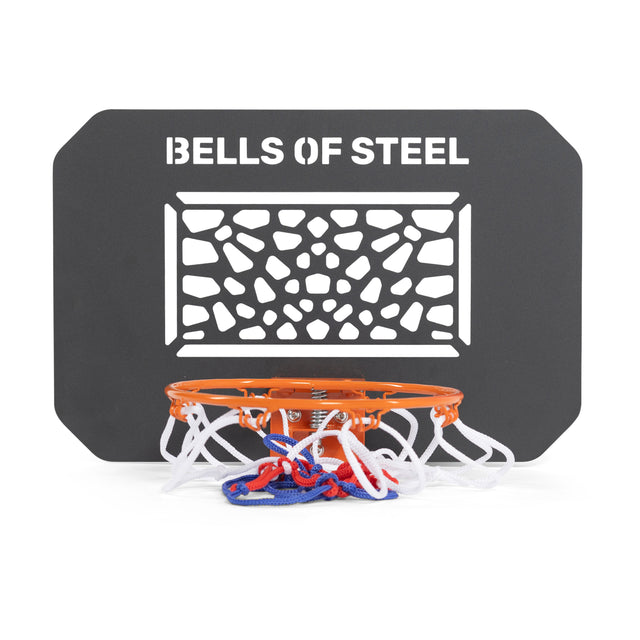 The Bells of Steel Rack Attached Basketball Hoop w/ Ball is a black backboard with “BELLS OF STEEL” on top, a geometric cutout design, an orange hoop, and a red, white, and blue net—ideal for home gyms or power racks.