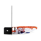 A side view of the Bells of Steel Rack Attached Basketball Hoop w/ Ball, featuring an orange rim and net. A red, white, and blue basketball rests in the net, with a black backboard—ideal for home gym setups.
