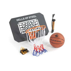 The Bells of Steel Rack Attached Basketball Hoop w/ Ball features a black branded backboard, orange and white rim, brown basketball, hand pump, and chain net—ideal for home gyms or as a power rack basketball accessory.