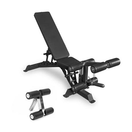 The Bells of Steel Buzz-Saw Heavy-Duty Adjustable Bench features a black finish, padded backrest and seat, leg extension/curl attachments, a removable floor pad, and supports up to 1000lbs for intense workouts.