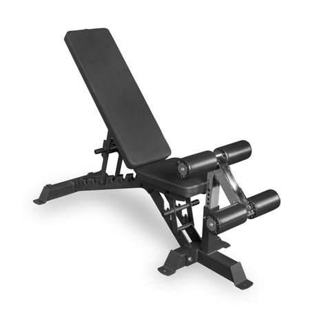 The Bells of Steel Buzz-Saw Heavy-Duty Adjustable Bench features a black padded seat and backrest, leg extension/curl attachment, sturdy metal frame, and supports up to 1000lb—ideal for serious strength training at home or in the gym.