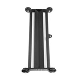 The Glute Ham Slider by Bells of Steel is a black metal bike storage rack on wheels with a V-shaped center channel and two parallel side bars, reminiscent of gym gear. "BELLS OF STEEL" is printed on one end. Photographed on a white background.