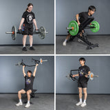 A collage of four images shows two people in a gym, using the Bells of Steel Open Trap Bar / Hex Bar and other equipment for various weightlifting exercises against a gray wall.