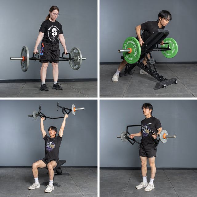 A collage of four images shows two people in a gym, using the Bells of Steel Open Trap Bar / Hex Bar and other equipment for various weightlifting exercises against a gray wall.