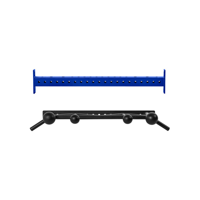 Two Coloured Globe Pull Up Bars by Bells of Steel—one blue with multiple holes (top view) and one black with angled ends and four round grips (side view)—are isolated on a white background.