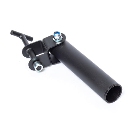 The Bells of Steel Landmine Rack Attachment is a black metal accessory with a cylindrical sleeve and bolt clamp, designed to hold an Olympic barbell for rotational strength exercises.