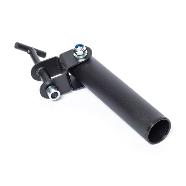 The Bells of Steel Landmine Rack Attachment is a black metal accessory with a cylindrical sleeve and bolt clamp, designed to hold an Olympic barbell for rotational strength exercises.