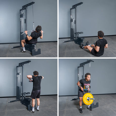 A man demonstrates four exercises on the Bells of Steel Lat Pulldown Low Row Machine: lat pulldown, seated row, cable face pull, and standing bicep curl using a yellow weight plate.