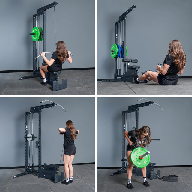 A woman in black demonstrates four exercises on the Bells of Steel Lat Pulldown Low Row Machine, including seated lat pulldowns and rows, using equipment with green weights.