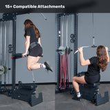 Split image shows a woman using the Bells of Steel Lat Pulldown Low Row Machine: on the left, she does weighted pull-ups; on the right, a lat pulldown. Text above says “15+ Compatible Attachments.”.