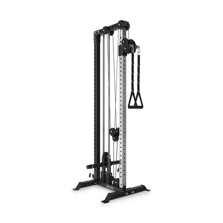 The Bells of Steel Cable Tower is a black and silver cable machine with adjustable pulleys, metal frame, weight stacks, and a single handle—perfect for strength training in your home gym.