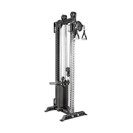 The Bells of Steel Oblivyon Tower – 3" x 3" Cable Tower features black and silver adjustable pulleys, a weight stack, and handles, perfect for strength training or pairing with a squat rack or home gym setup.