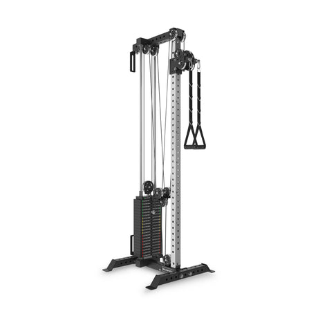 The Bells of Steel Cable Tower is a freestanding unit with adjustable pulleys, weight stack, and single handle attachment, ideal for strength training in gyms or home gyms.