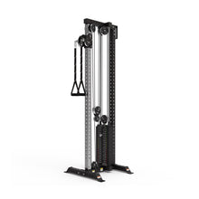 The Bells of Steel Cable Tower is a black and silver strength training machine featuring adjustable pulleys, a weight stack, and two single-grip handles.