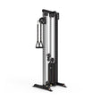 The Bells of Steel Cable Tower is a black and silver strength training machine with adjustable weights, a weight stack, two handles, and a sturdy frame.