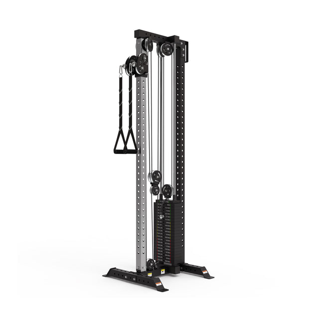 The Bells of Steel Cable Tower is a black and silver strength training machine with adjustable weights, a weight stack, two handles, and a sturdy frame.