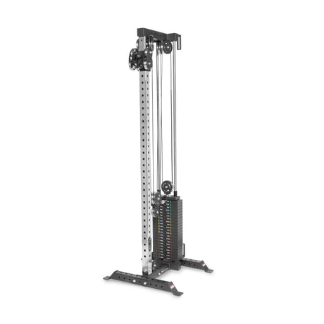 The Bells of Steel Cable Tower features weight stacks, a metal frame, adjustable handles, and multiple height settings, making it ideal for strength training and resistance workouts.