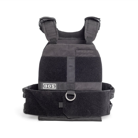 The Bells of Steel Weighted Vest and Plates features padded shoulder straps, hook-and-loop fasteners, a front metal D-ring, and an adjustable fit—making it an ideal black tactical workout accessory for protective or utility use.