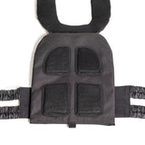 The Bells of Steel Weighted Vest features a close-up of its black padded shoulder strap with mesh cushioning for comfort. The adjustable strap connects to a cushioned section with four mesh-covered pads for ventilation, while elasticated bands on the sides ensure a snug fit during workouts.