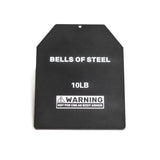 The Bells of Steel Weighted Vest and Plates features a black metal plate marked "BELLS OF STEEL 10LB" with "NOT FOR USE AS BODY ARMOR" in white, ideal for adding resistance to your workouts as a vest accessory.