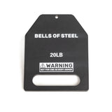 The Bells of Steel Weighted Vest and Plates feature a black steel 20LB plate labeled "NOT FOR USE AS BODY ARMOR," designed as a workout accessory with a rectangular handle cutout for an adjustable fit in most weighted vests.